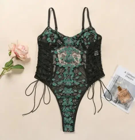 Retro 2024 New Gothic Sexy Mesh Romper Women Punk Aesthetic Fairycore Grunge Emo Floral Embroidery See Through Lingerie Jumpsuit
