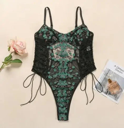 Retro 2024 New Gothic Sexy Mesh Romper Women Punk Aesthetic Fairycore Grunge Emo Floral Embroidery See Through Lingerie Jumpsuit
