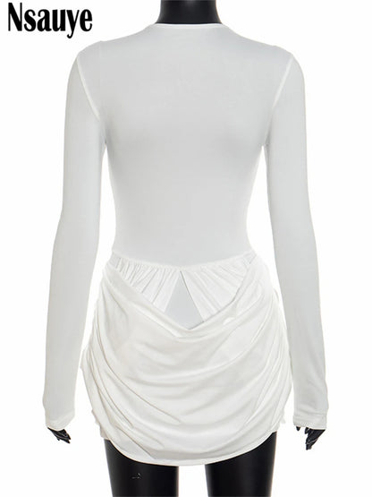 Nsauye Autumn Winter Women 2025 Sexy Night Club Mini Wrap Hollow Out Party Dress Fashion Elegant Evening Short Dress Long Sleeve