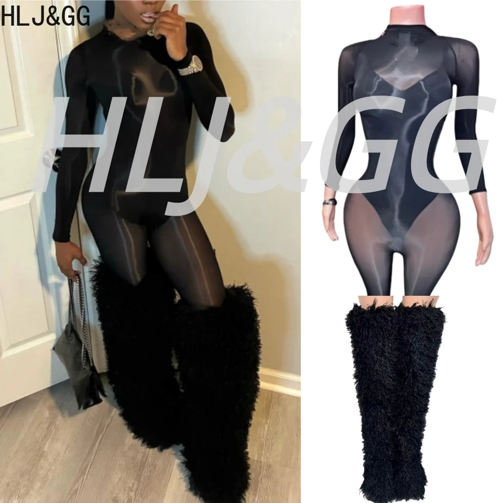 HLJ&GG Black Sexy See Though Bodycon Jumpsuits Women Round Neck Long Sleeve Slim Playsuits And Bodysuits Outfit Fashion Clubwear