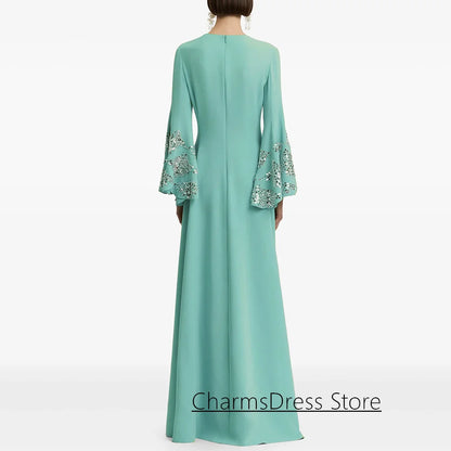2026 Evening Dress فساتين سهرة Customized Batwing Sleeves Round Neck Crystal Stones A Line Saudi Arabian Prom Gown