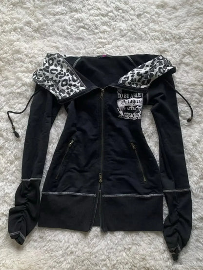 American street hot girl retro print black classic zipper hoodie women's y2k hip-hop trend temperament slim design jacket
