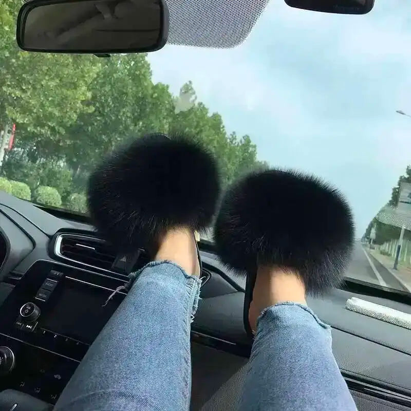 Fur Slippers Women Summer Fluffy Plush Casual Fluffy Flat Non-Slip Real Fox Fur Slides Outdoor Flat Ladies Sandals Flip Flops