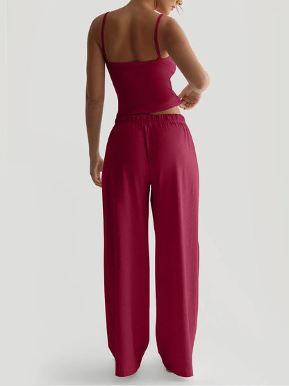 2026 Women's Summer Leisure Pants Outfits Fashion Solid Halter Tie-Up Backless Tank Tops Wide-Leg Pants 2 Pieces Set Streetwear