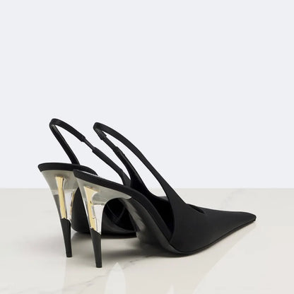 Women Satin Pointed‑Toe Stiletto Pumps with Clear Heel, Elegant Back Strap Dress Heels for Formal Dating Club Occasions
