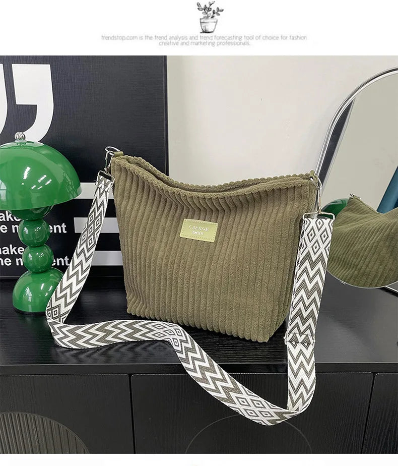 Solid Color Corduroy Messenger Bag Versatile Handbag Women Shoulder Crossbody Bags Casual Chic Bucket Women‘s Bag Bolsos Mujer