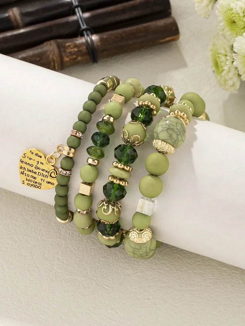 4Pcs Bohemia Acrylic Beaded Bracelet Set For Women Solid Heart Charm Elastic Chain Bangle Men Retro Daily Wear Jewelry Gift