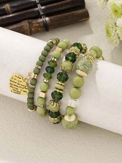 4Pcs Bohemia Acrylic Beaded Bracelet Set For Women Solid Heart Charm Elastic Chain Bangle Men Retro Daily Wear Jewelry Gift