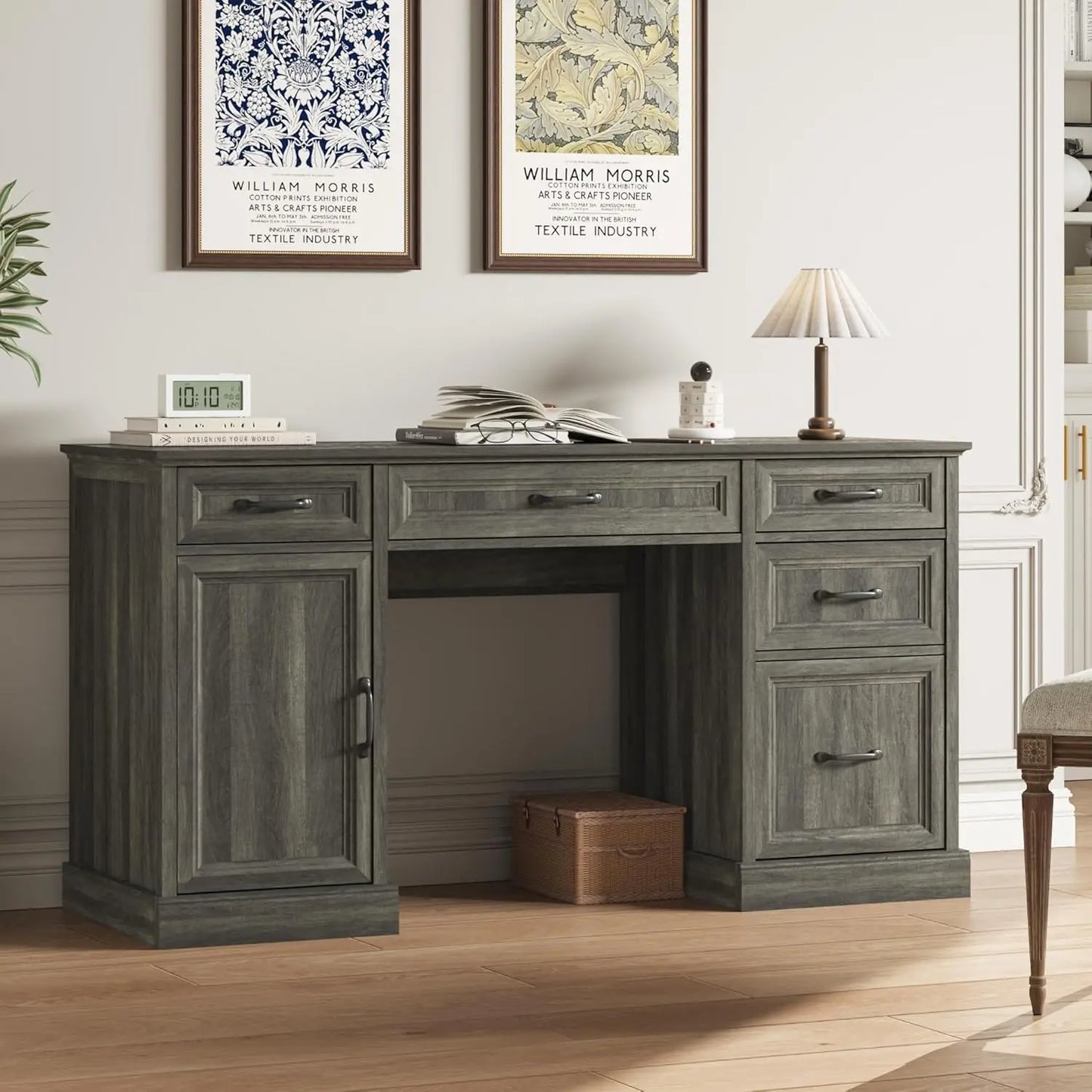 58'' Farmhouse Executive Desk with Drawers, Home Office Desk with File Drawer and Storage Cabinet, Rustic Computer Desk