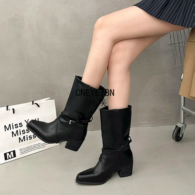 New Women Square Toe Cross Strap Buckle Knee High Boots Leather Chunky Heel Vintage Tall Boots Ladies Daily Commute Botas Mujer