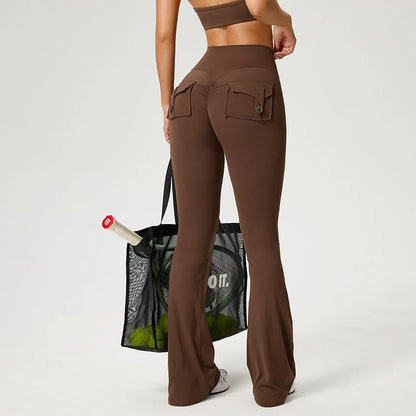 Women's Flared Pants Yoga Leggings Bell-bottoms Tight Elastic Breathable Sports Pants Back Waist Pockets Womens Clothing