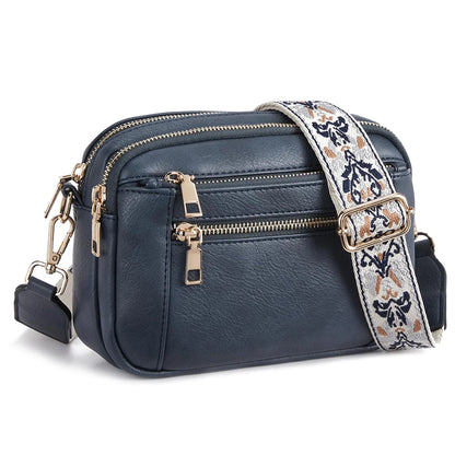 Stylish Wide Strap Shoulder Bag Women's Multiple Pockets Faux Leather Crossbody Bags Adjustable Strap  Travel Handbag Purse