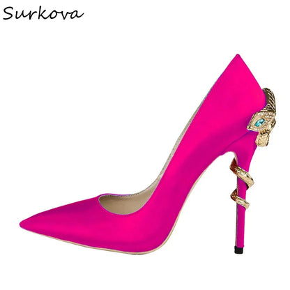 Metal Rhinestone Winding Snake Heels Pumps Women Pointed Toe Stiletto Heel Slip On Satin Pumps 2025 New Sexy Party Catwalk Pumps