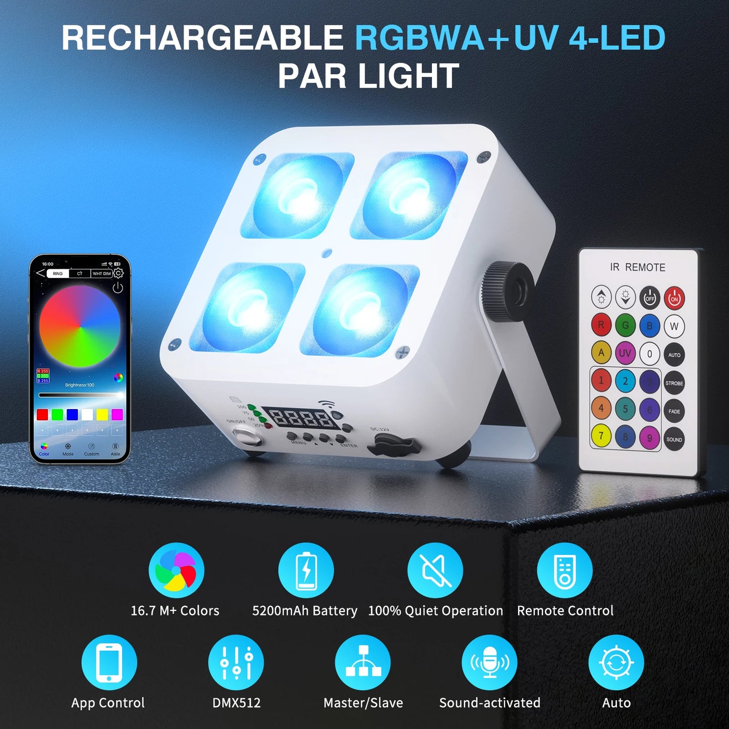 Fieryzeal 4PCS Rechargeable Par Light 5200mAh APP Control LED Uplight Stage Light DMX 4X10W RGBWA+UV LED Par Light for DJ Party