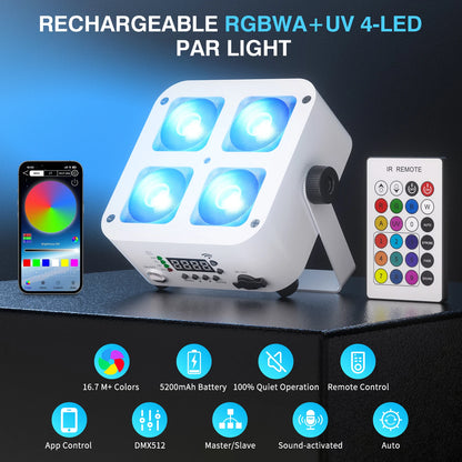 Fieryzeal 4PCS Rechargeable Par Light 5200mAh APP Control LED Uplight Stage Light DMX 4X10W RGBWA+UV LED Par Light for DJ Party