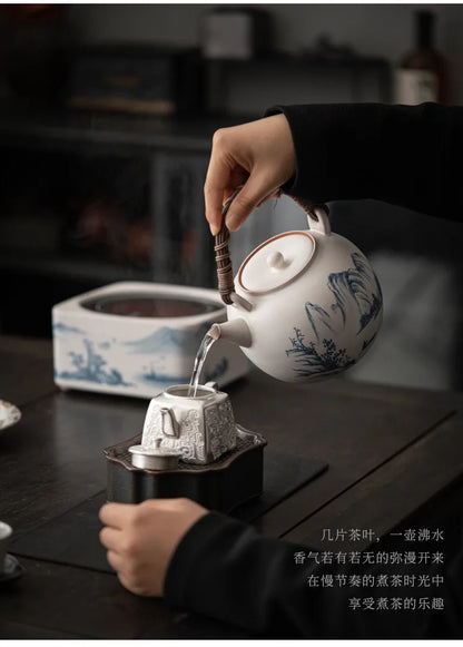 Retro Soda Glaze Ceramic Teapot Hand-painted Landscape Lifting Beam Pot Boiling Water Side Handle Kettle For Electric Stove