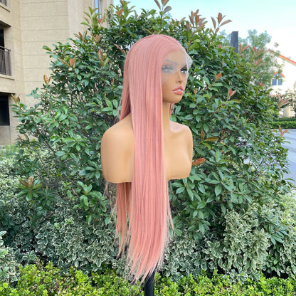 High Quality Pink 13X4 Synthetic Lace Front Wig for Woman 26 Inch Long Sliky Straight Wig Half Hand Tied Glueless Halloween Wig