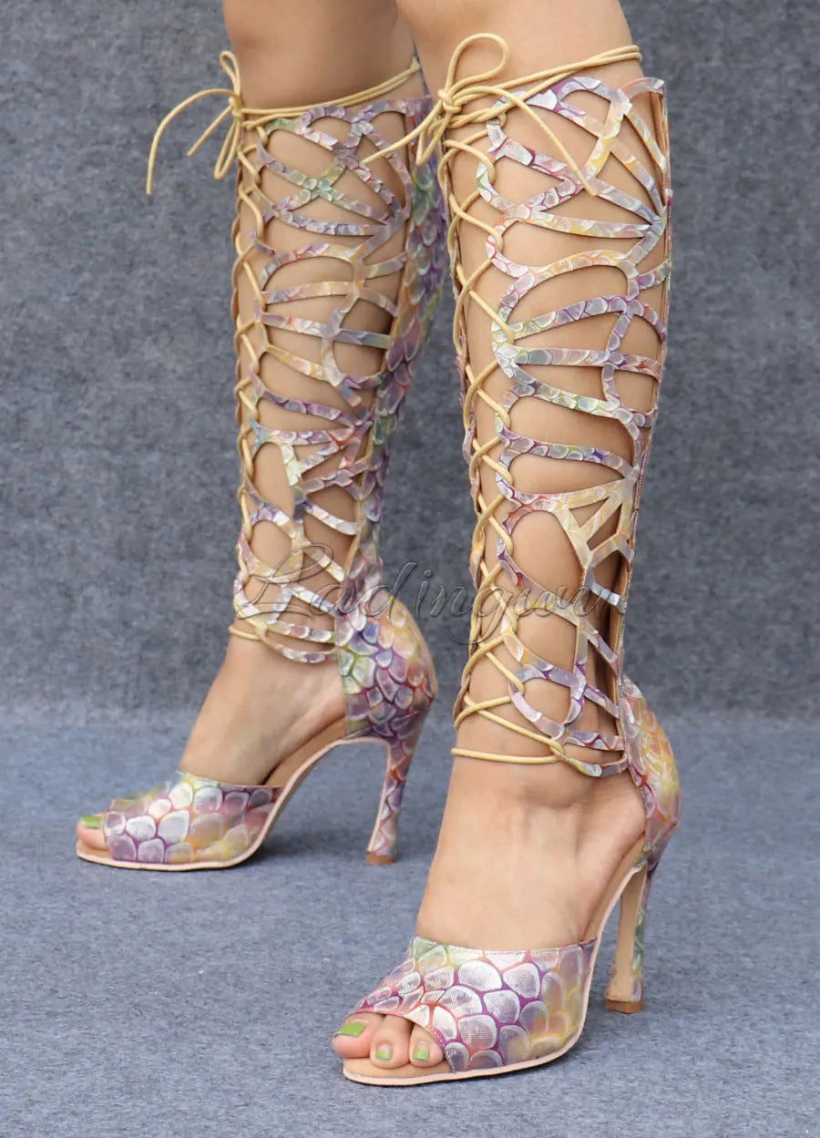Ladingwu High-end Custom Material Fish Scale Texture Women Dance Shoes Sexy Pole Dance Boots Ladies Wedding Ballroom Shoes