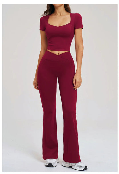 2PCS Women's Yoga Tracksuit midriff-baring short sleeve top high waist Bell-bottom Women Gym Running Training Workout Yoga Set