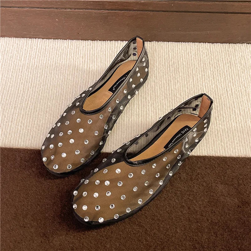 Women Flats Luxury Crystal Rivet Design Sandals Summer Mesh Breathable Ballet Shoes Plus Size Ladies Elegant Party Dress Loafers
