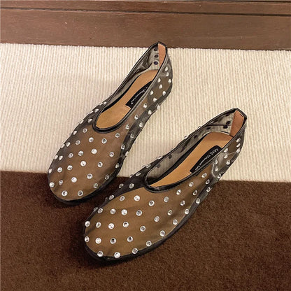 Women Flats Luxury Crystal Rivet Design Sandals Summer Mesh Breathable Ballet Shoes Plus Size Ladies Elegant Party Dress Loafers