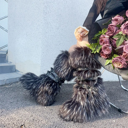 Faux Fur Knee-High Boot Round Toe Height Increasing Wild Winter Warmer Belt Buckle Slip-On Fashion Luxury Sexy Women Shoe Newest