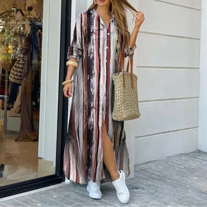 New Autumn Long Dress Long Sleeve Shirt Dress Women Denim Long Dresses Pocket Button Shirt Print Dress Casual Loose Dresses 2023