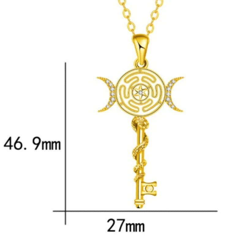 Hekate Wheel Necklace for Women Men 18K Gold Plated Snake Key Triple Moon Goddes Pendant Necklaces Pagan Jewelry