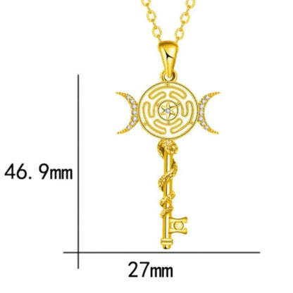 Hekate Wheel Necklace for Women Men 18K Gold Plated Snake Key Triple Moon Goddes Pendant Necklaces Pagan Jewelry