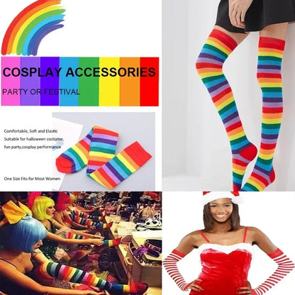 TRALOW Womens Socks Striped Knee High Socks Arm Warmer Fingerless Gloves Set Costume Accessories for Cosplay Christmas Punk