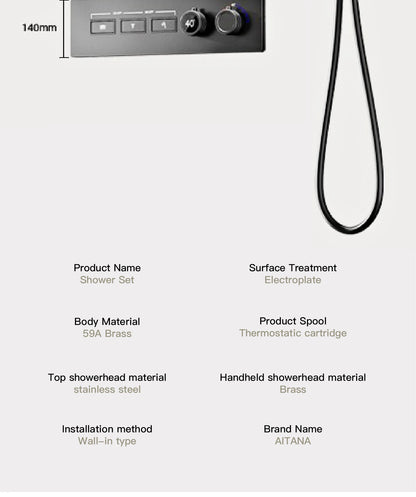 Luxury brass gun gray wall mounted shower system, wall mounted design with constant temperature LED digital display bathroom Tap