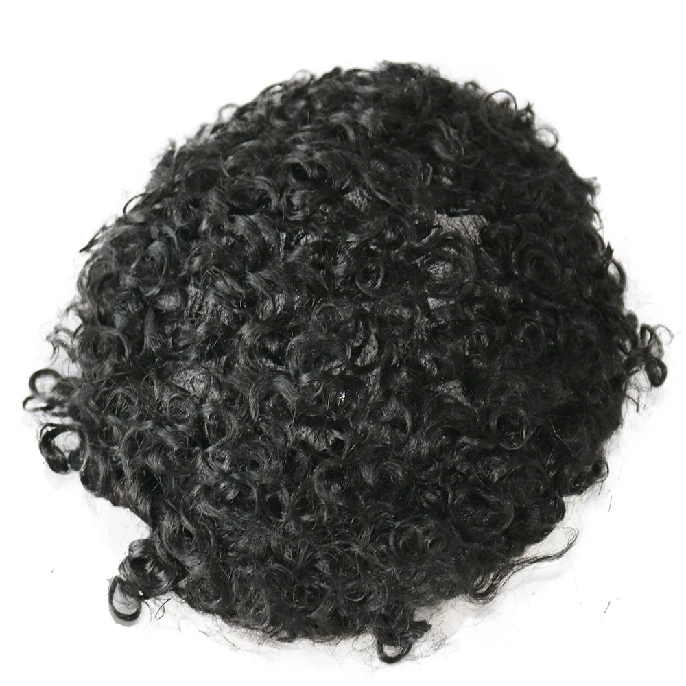 Natural Frontline Afro 18mm/15mm Curly Men Toupee Undetectable PU System European Human Hair Prosthesis Super Durable Fine Mono