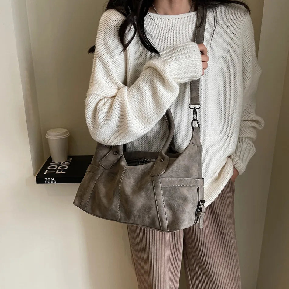 Retro Distressed Suede Texture Boston Hobo Bag Large Capacity Tote Handbag Shoulder Crossbody Bag for Women Daily Commute Trave