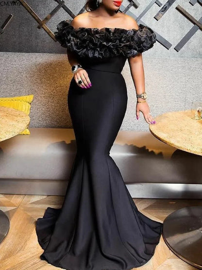 CM.YAYA Winter Women Slash Neck Sleeveless Ruffles Empire Dress Sexy Evening Party Night Mermaid Maxi Long Bandage Dresses