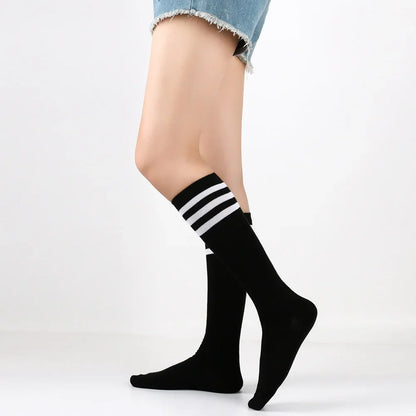 Middle Tube Sock Women Striped Knee High Ladies Japanese Harajuku College Style Cotton Summer Calf Sock Black White Female Gift
