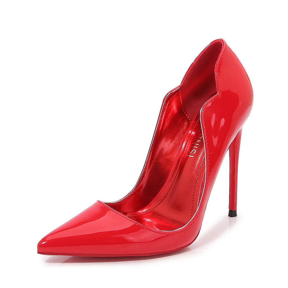 Black Curl Upper Women Patent PU Pointed Toe Stiletto 12cm High Heels Sexy Ladies Party Dress Shoes Club Dance Women Pumps
