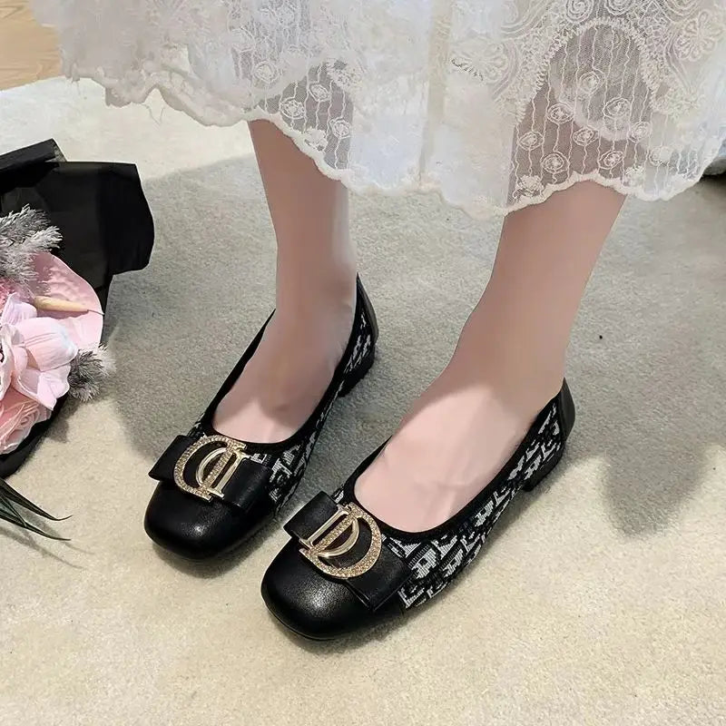 Soft Bottom Women Bean Metal Single Shoes Fashionable Versatile Shallow Mouth Retro Square Head Flat Bottom Coarse Women's Shoes