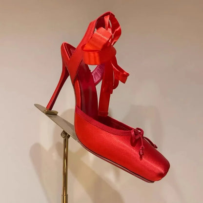 2026 Women Summer High Heeled Shoes for Woman's Square Toe Thin Heels Butterfly-Knot Pumps Sexy Ladies Ankle Strap Wedding Shoes