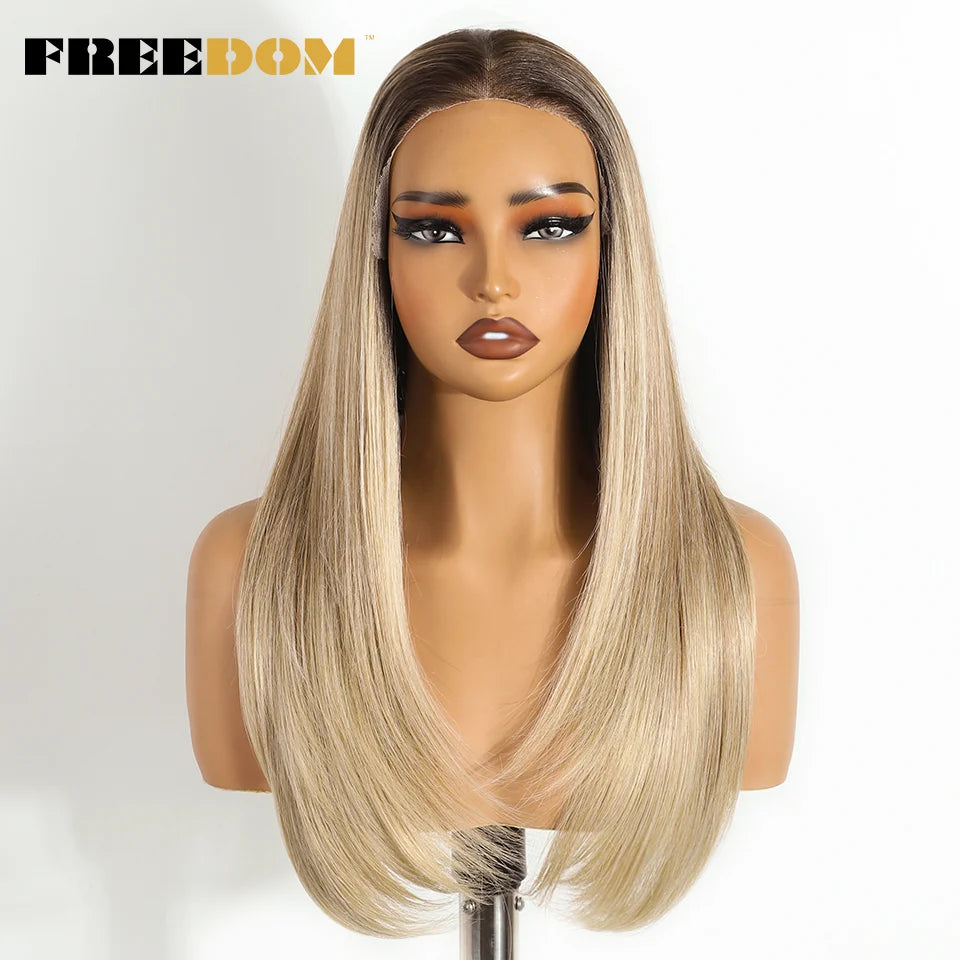 FREEDOM 9x6 Pre Plucked Synthetic Lace Front Wigs For Women Straight Layerd Wig 24" Ombre Blonde Wear And Go Glueless Lace Wigs