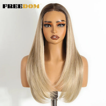 FREEDOM 9x6 Pre Plucked Synthetic Lace Front Wigs For Women Straight Layerd Wig 24" Ombre Blonde Wear And Go Glueless Lace Wigs