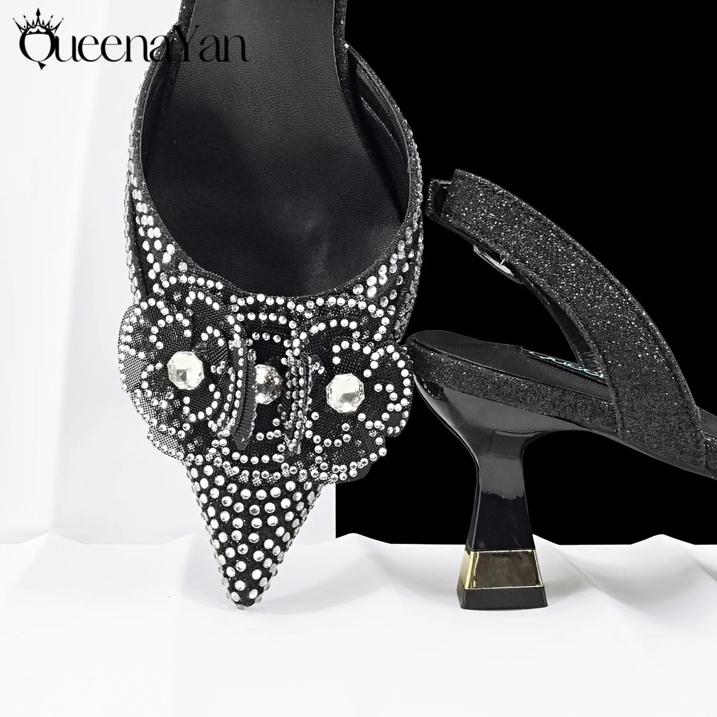 QueenaYan 2026 Elegant Silver Pointed-Toe High Heels Shoes with Diamond Accents & Matching Bag - Ideal for Party Elegance