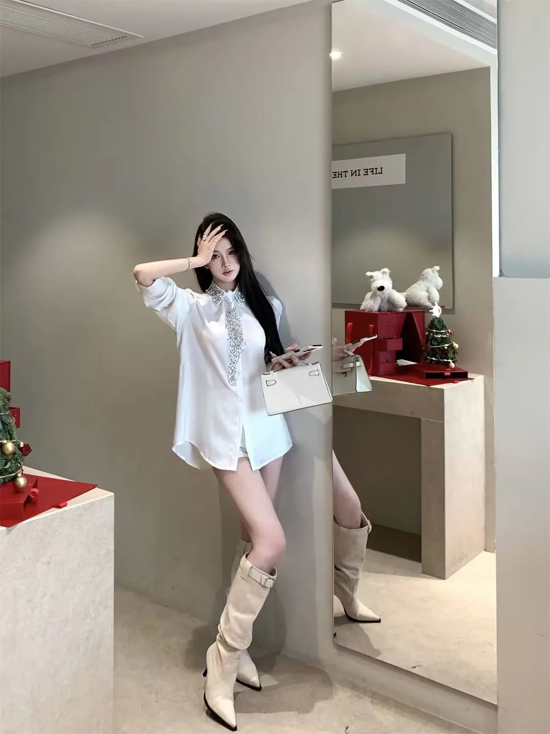 2025 Women's White Shirt New Spring Autumn Crystal Beading With Necktie Chiffon Shirt Female Blouses Ladies Tops Women Clothing