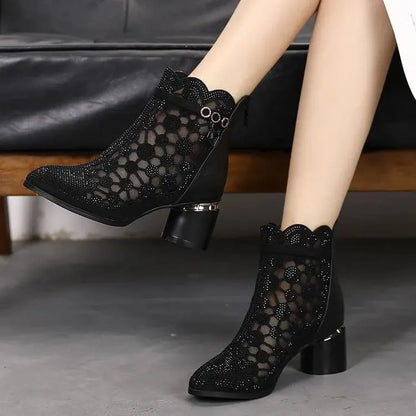 2026 Spring Summer Fashion Rhinestones Gauze Sandals Thick Heels Mesh Autumn Ankle Boots Female Hollow Women's Shoes