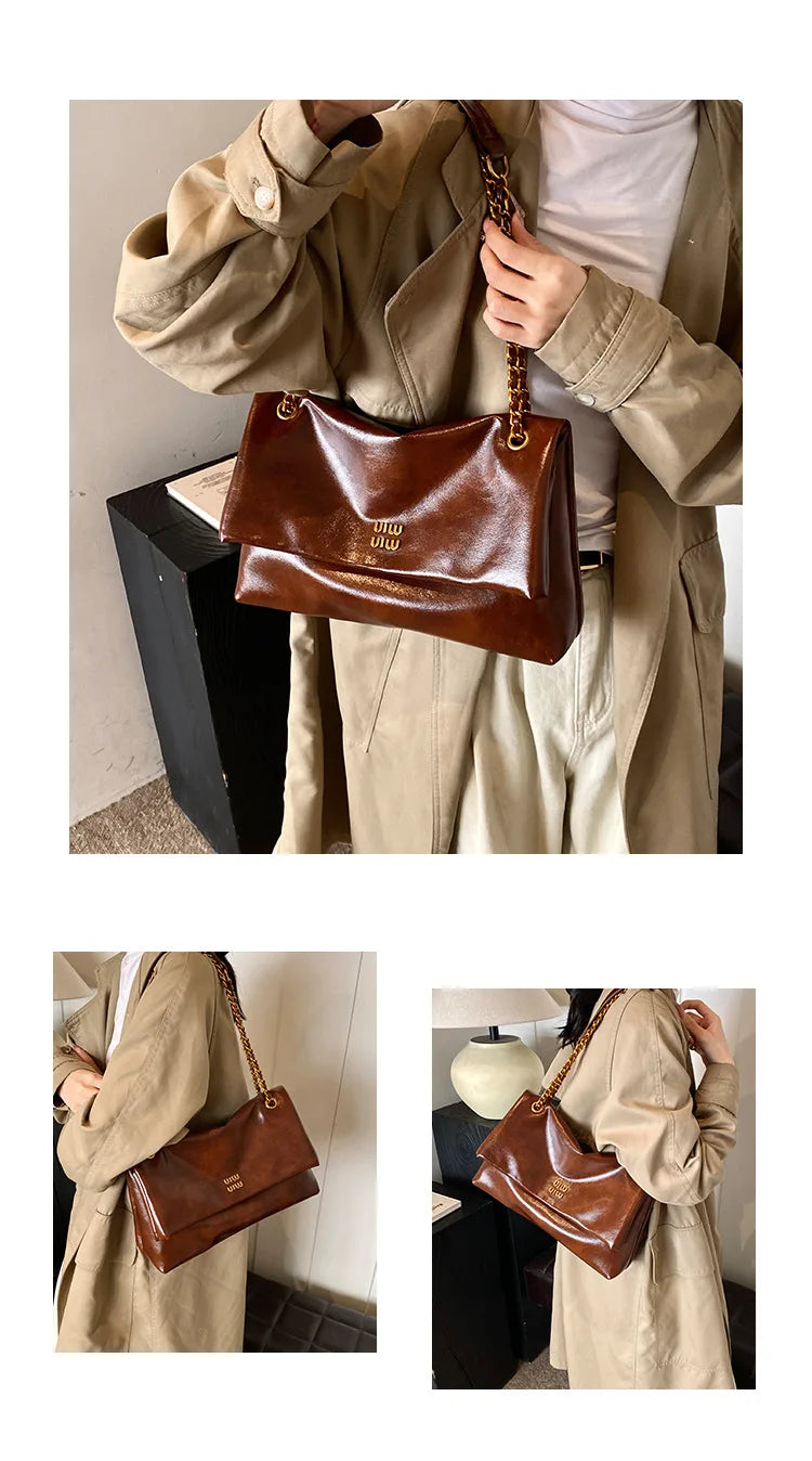 2025 Women‘s Bag Retro PU Leather Underarm Bag autumn and winter Large capacity Commuting Folded Chain Shoulder Bucket Tote Bag