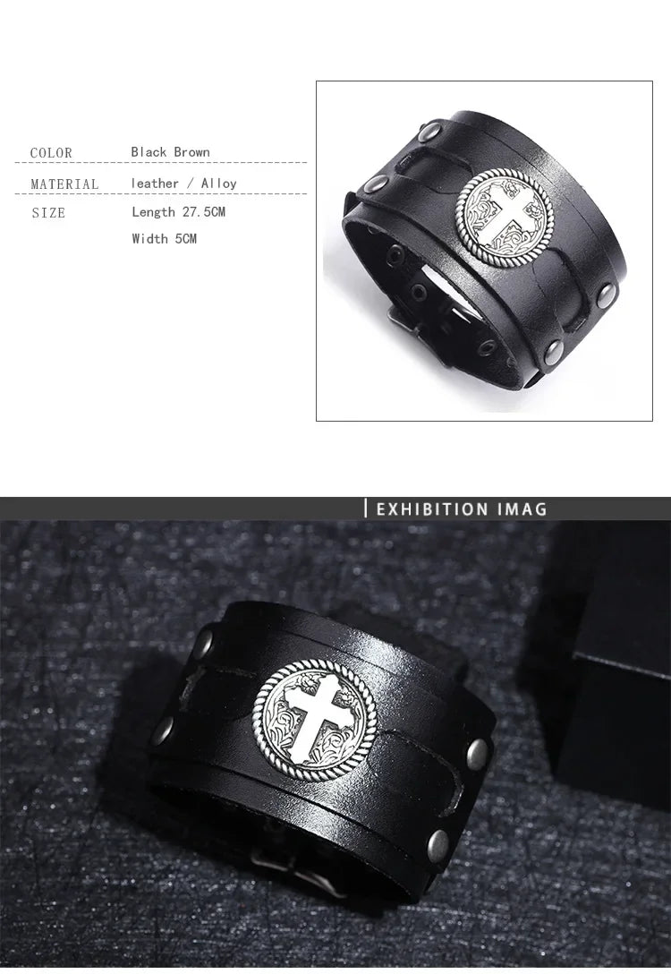 Kirykle Fashion Cross Stud Spikes Rivet Bracelet for Man Adjustable Leather Wristband Bangle Cuff Wide Cuff Punk  Jewelry Gift