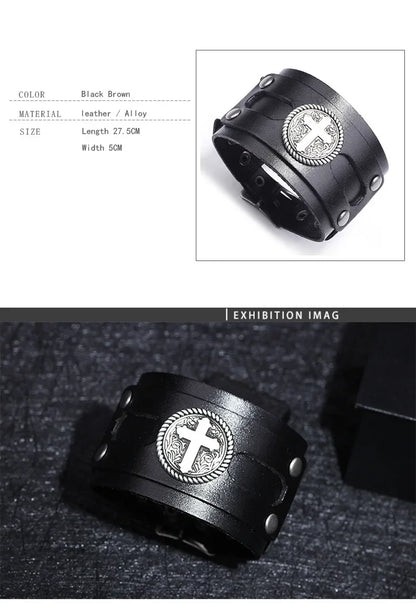 Kirykle Fashion Cross Stud Spikes Rivet Bracelet for Man Adjustable Leather Wristband Bangle Cuff Wide Cuff Punk  Jewelry Gift