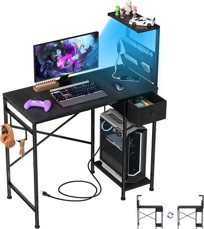 33.7 Inch L-Shaped Gaming Desk with LED Lights, Power Outlets & Storage - Compact Corner PC Desk for Home Office