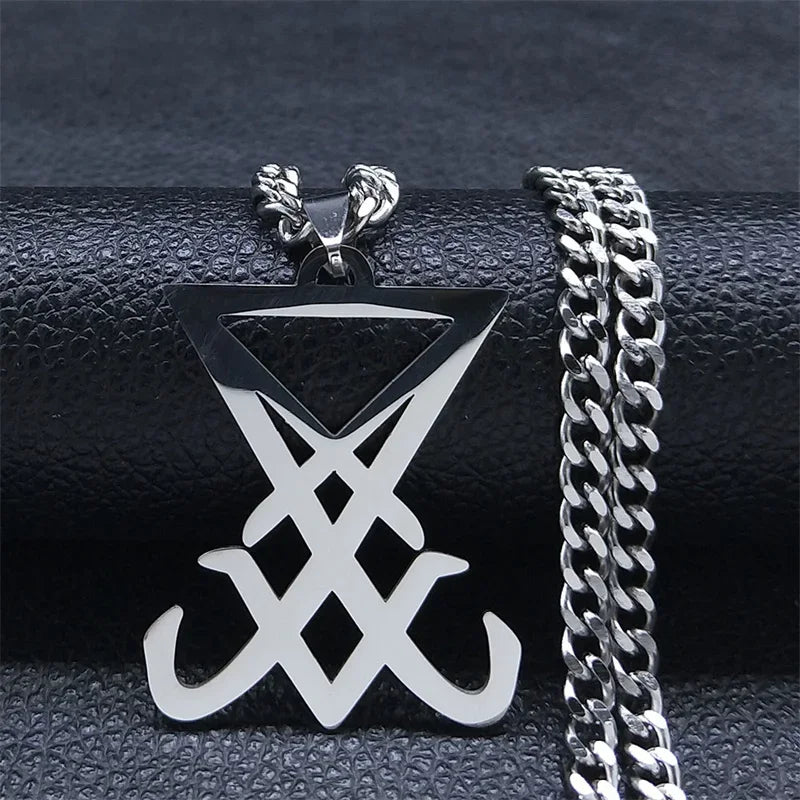 Goth Pentagram Sigil Satan Cross Necklace for Men Stainless Steel Black Y2k Gothic Star Lucifer Jewelry Halloween Gift N3002