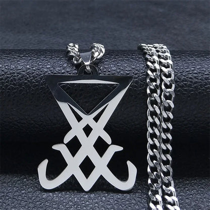 Goth Pentagram Sigil Satan Cross Necklace for Men Stainless Steel Black Y2k Gothic Star Lucifer Jewelry Halloween Gift N3002
