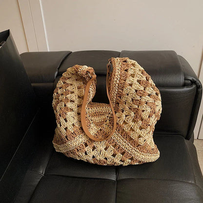 Ladies Knitted Straw Handbag Hollow out Hand Woven Beach Shoulder Bag for Women Seaside Tote Perfect for Vacations
